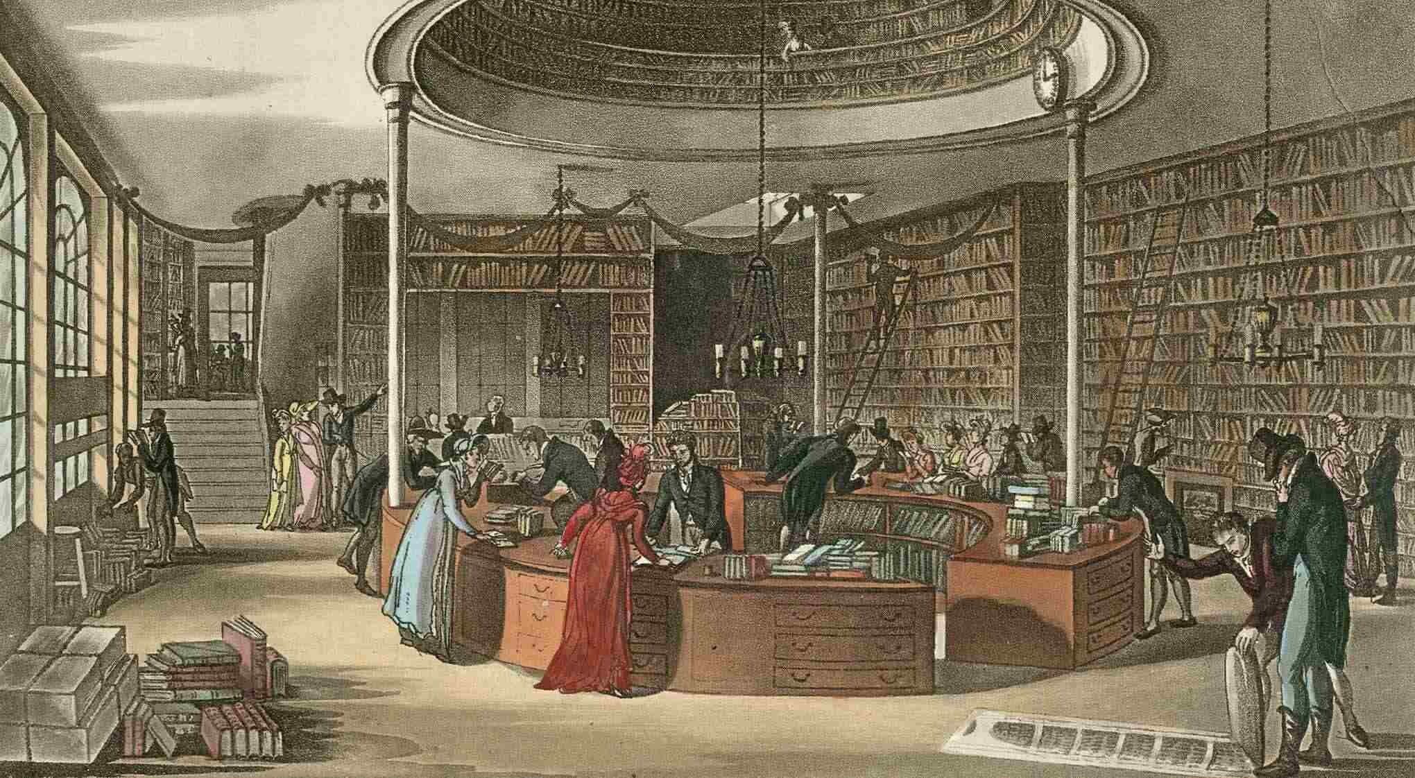 An old bookstore interior with customers and employees, and a central circular service desk.