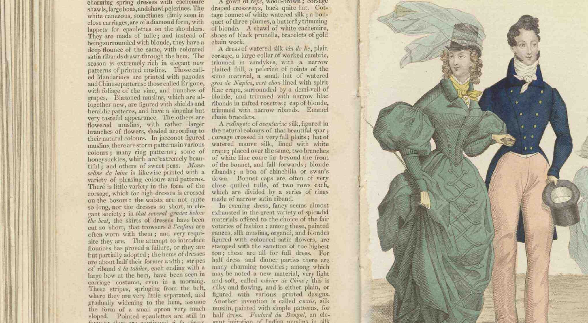 Fashion illustration with two women in Victorian dresses and a man in a smart suit.