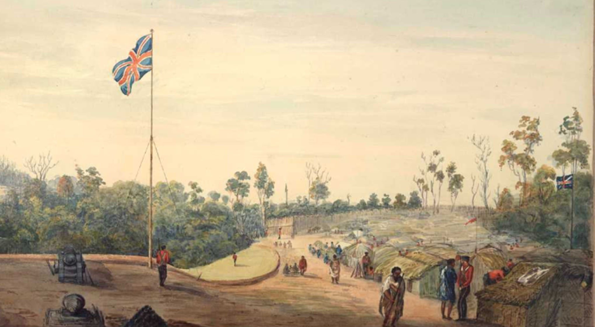 A historical scene of a camp with tents, soldiers, cannons, trees and British flags on poles.