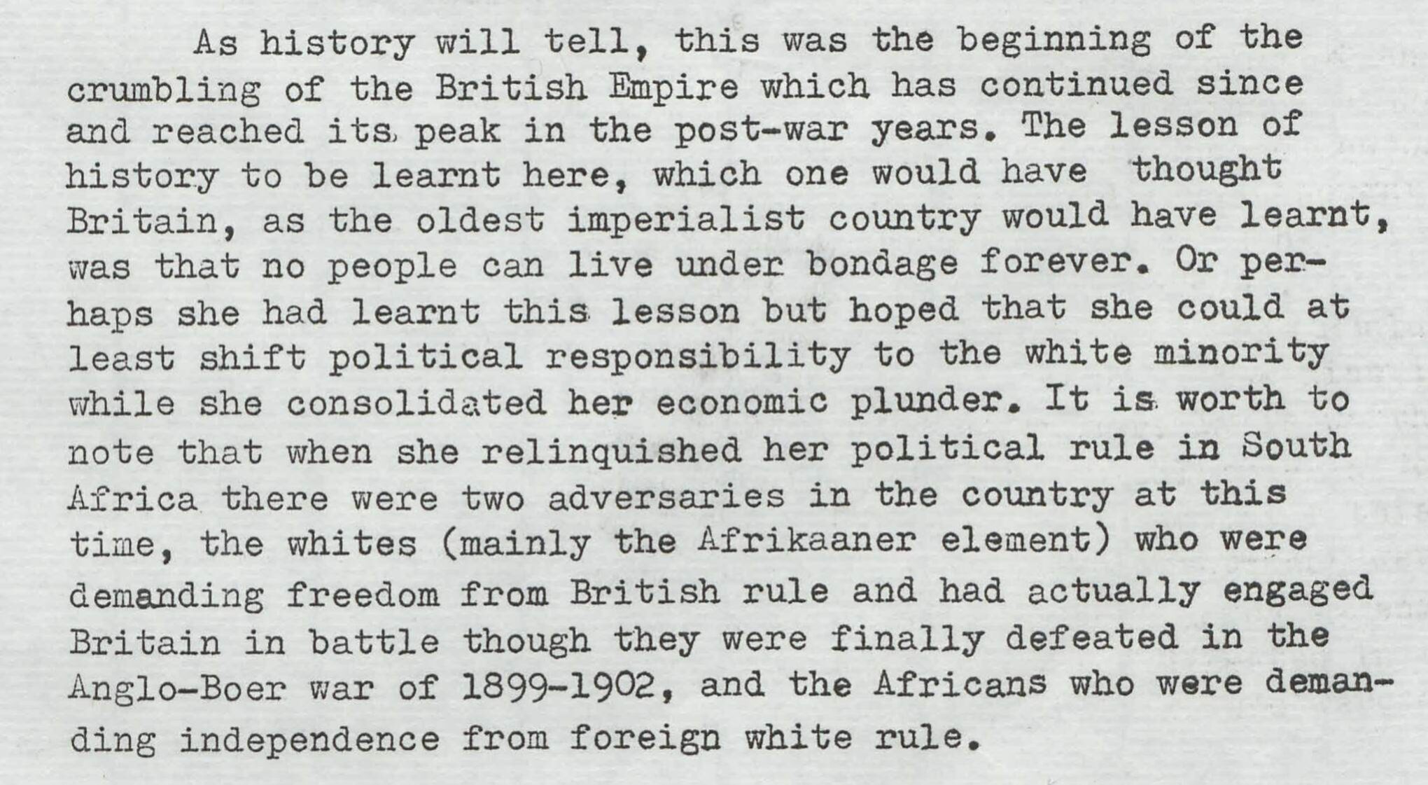 A typed historical document discussing the decline of the British Empire and South Africa's political struggles.