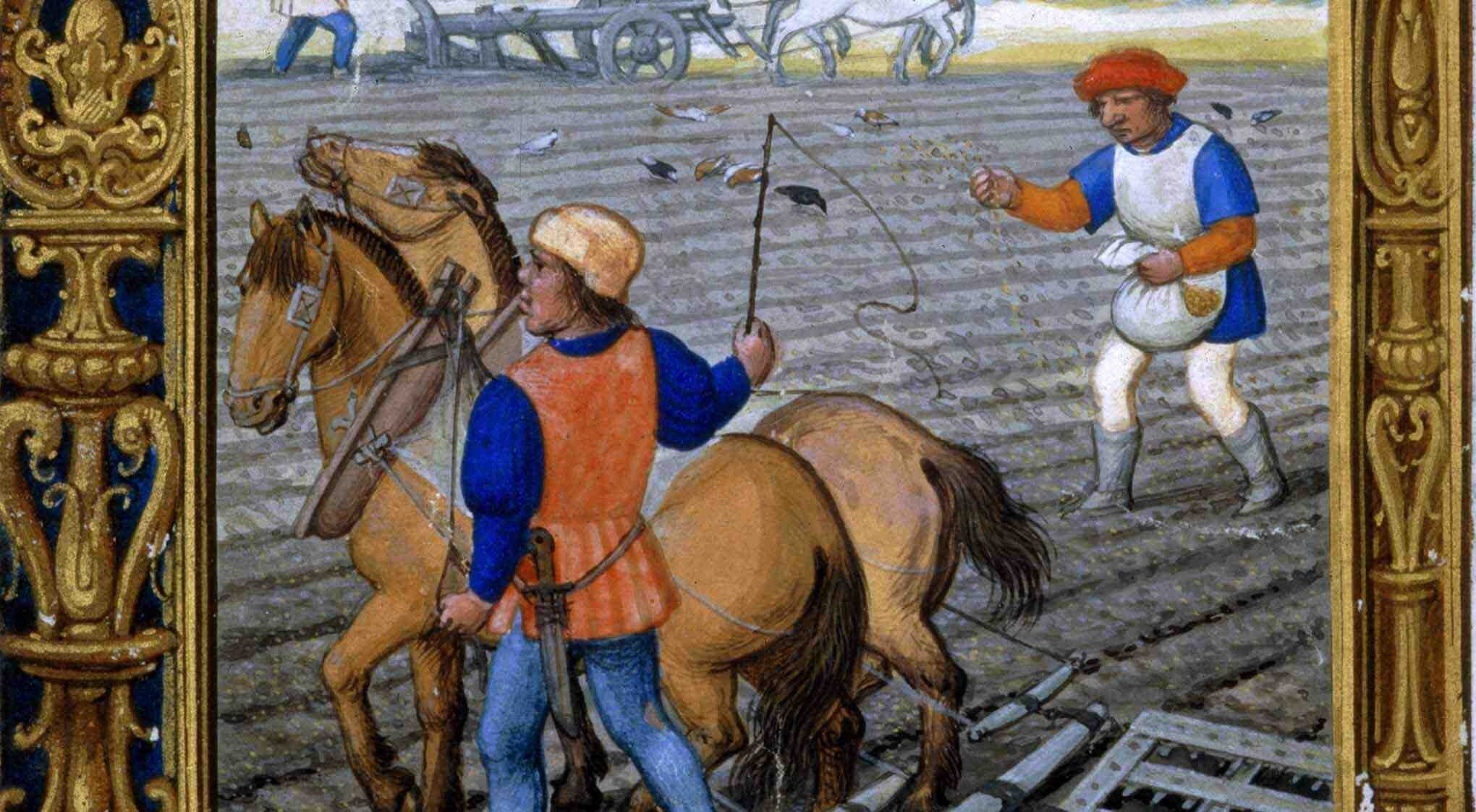 A farming scene of two horses ploughing a field while a man scatters seeds behind.