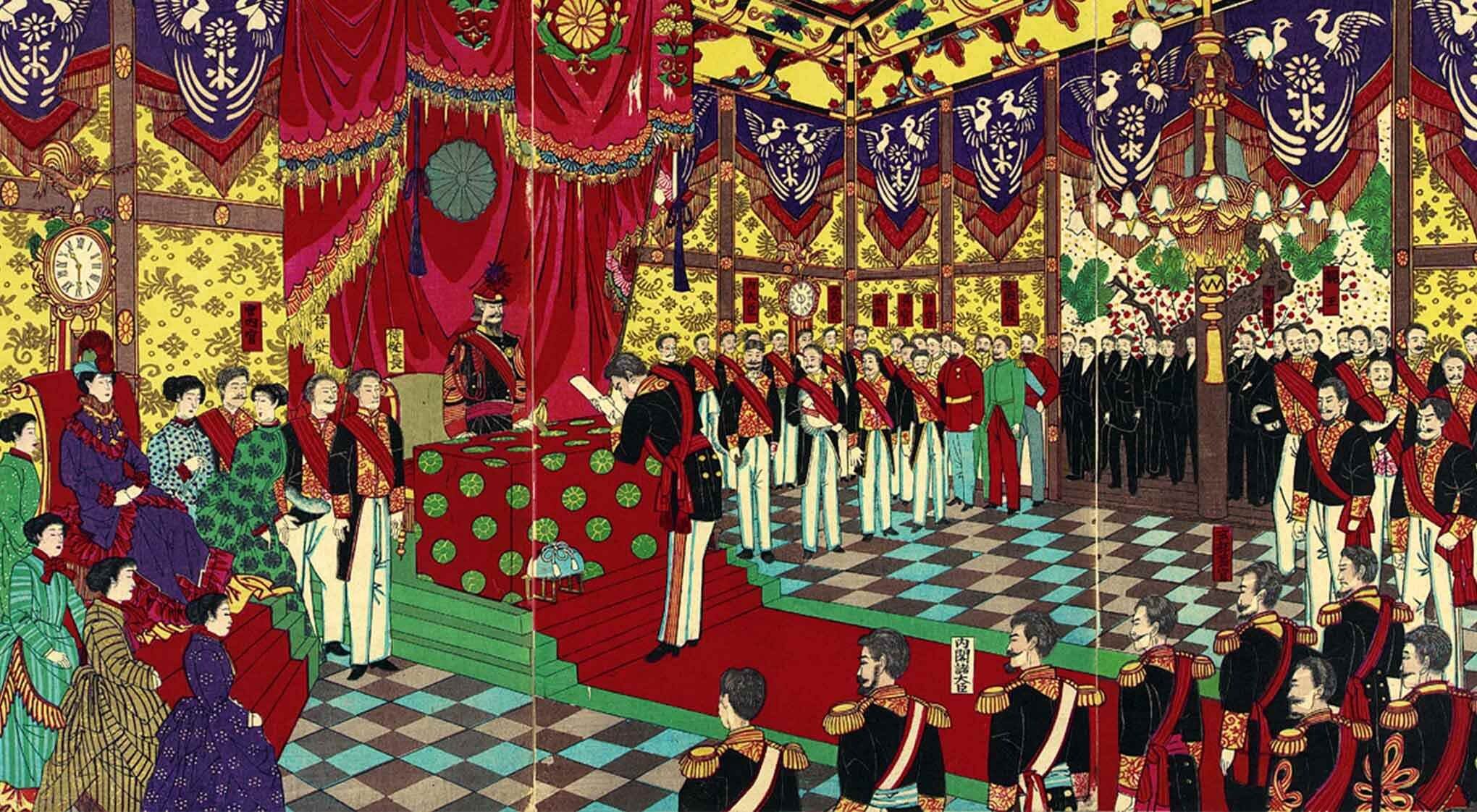 A vibrant scene depicting a formal ceremony with diverse dignitaries, and emblematic banners.