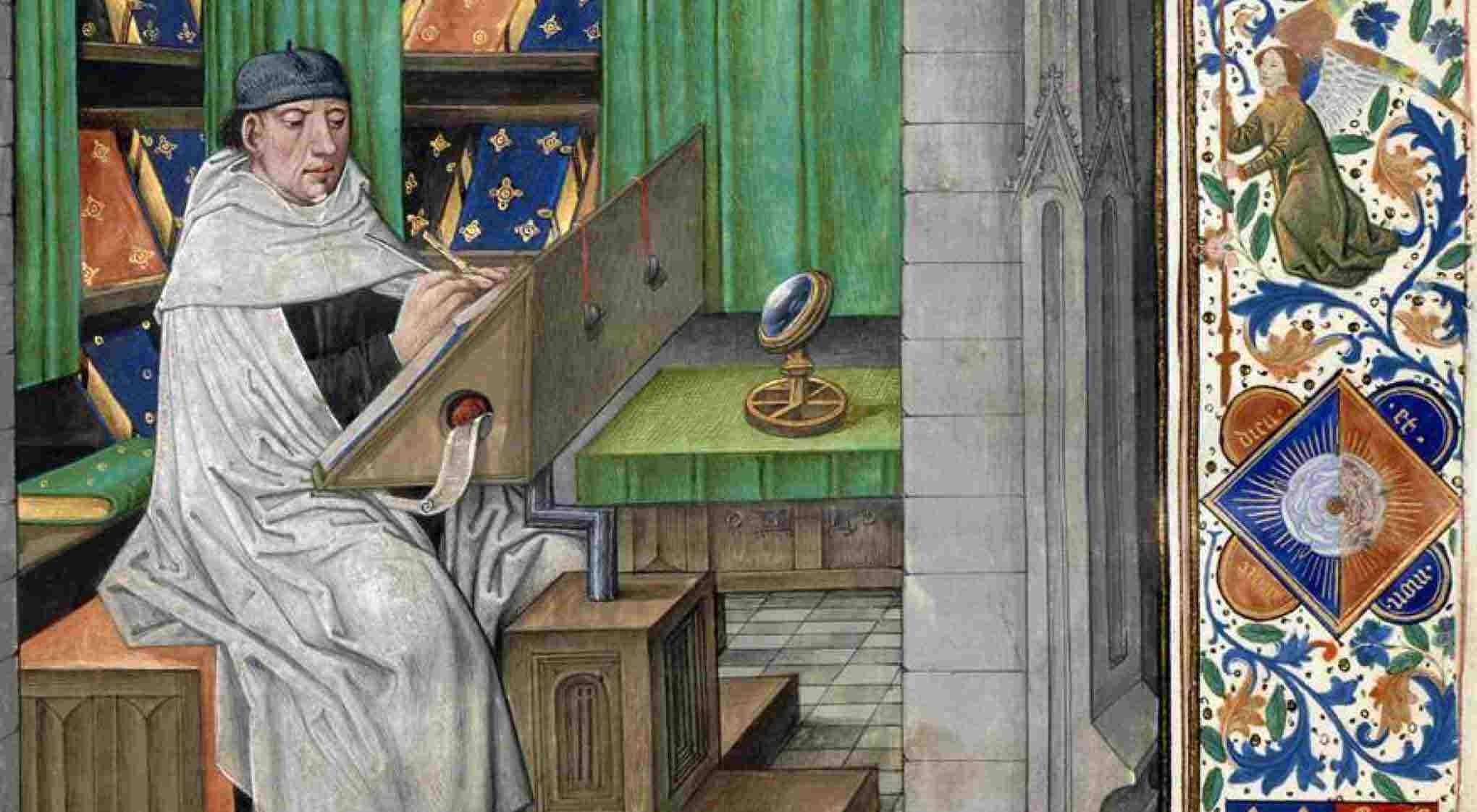 A scholar in a white robe at a green writing table, with a quill, surrounded by colourful books.