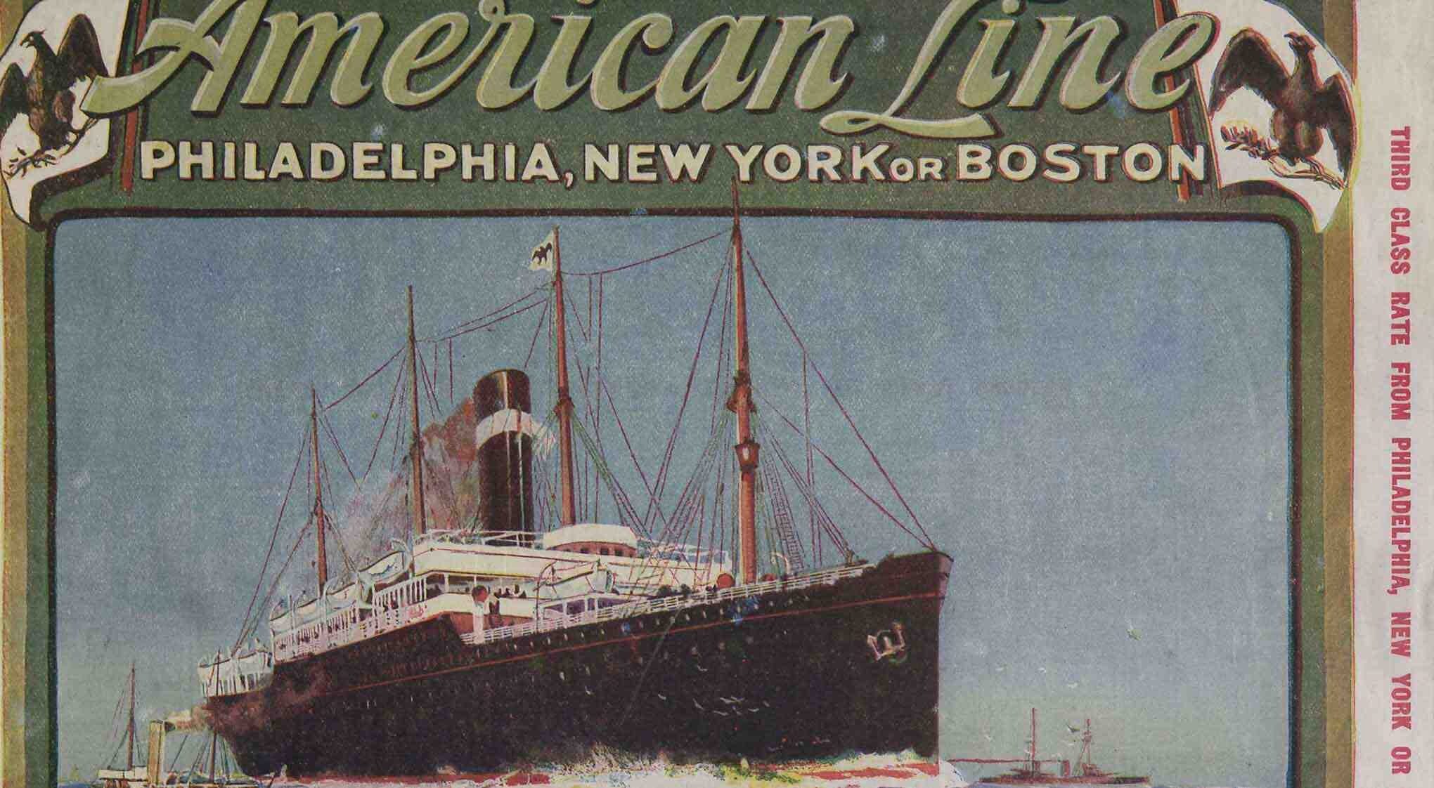 Vintage travel poster for American Line, showing a large ship with route details and ticket prices.