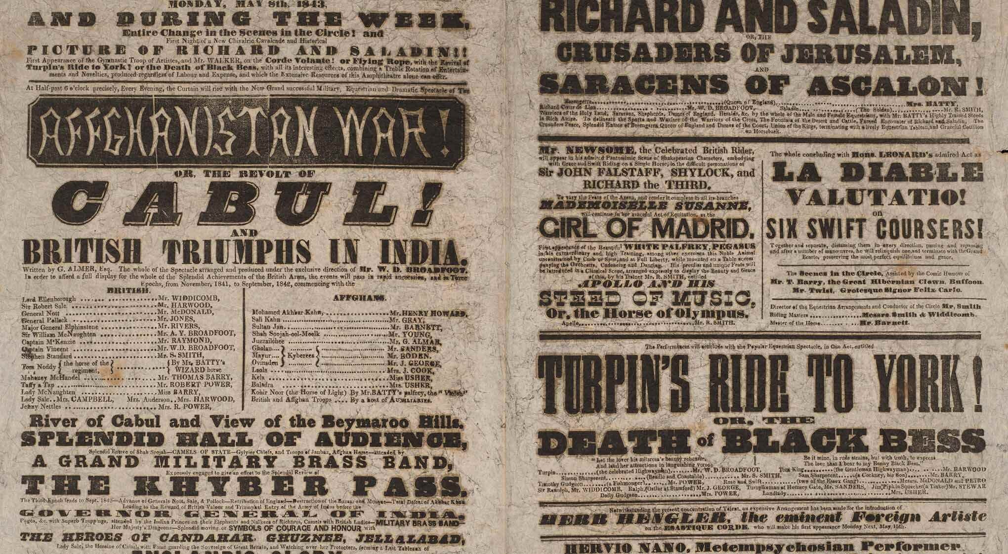 A vintage poster featuring Astley's Equestrian Wonders. With show announcements and headlines.