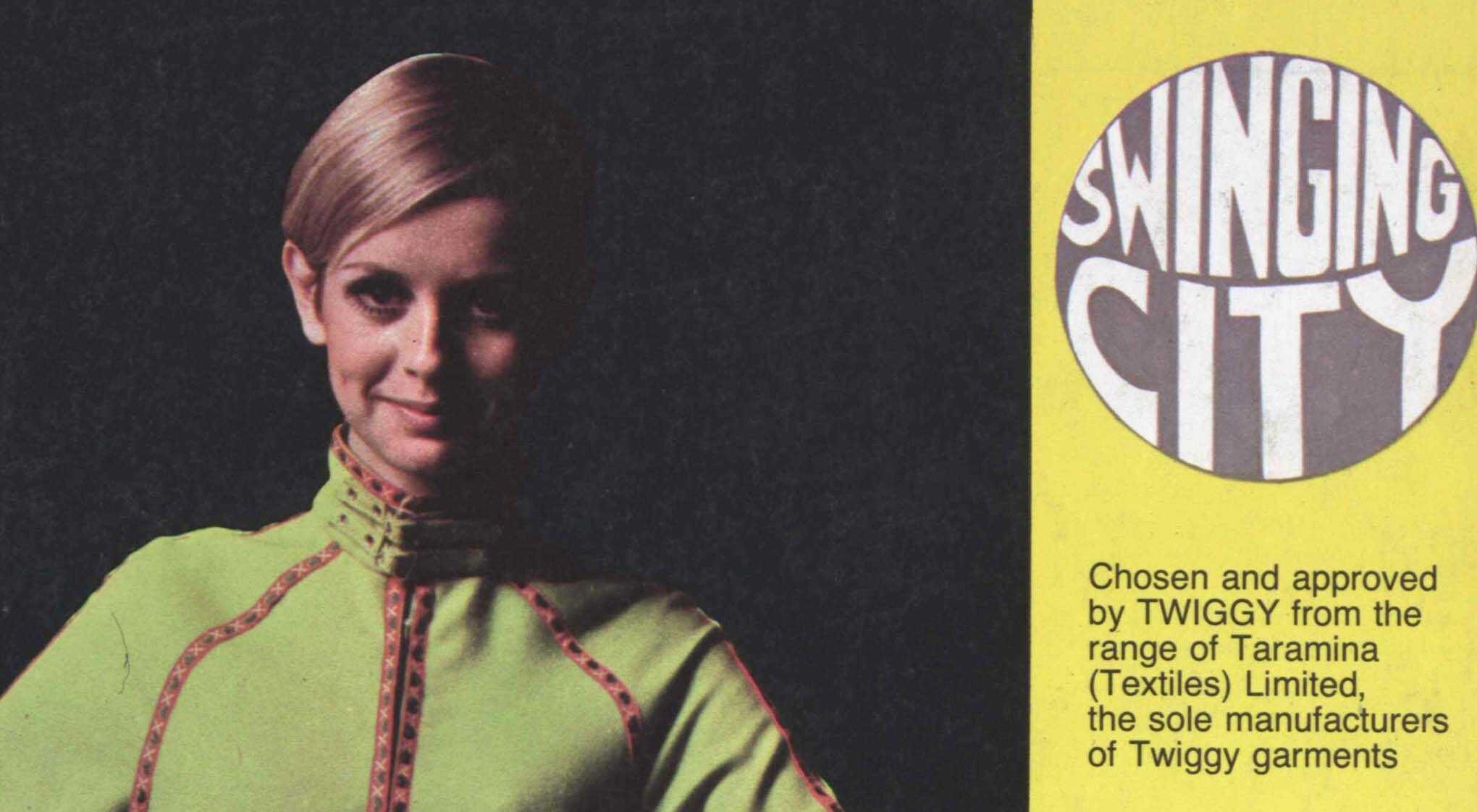 A vintage magazine featuring a woman in a green outfit with the title 'Twiggy' on the cover.