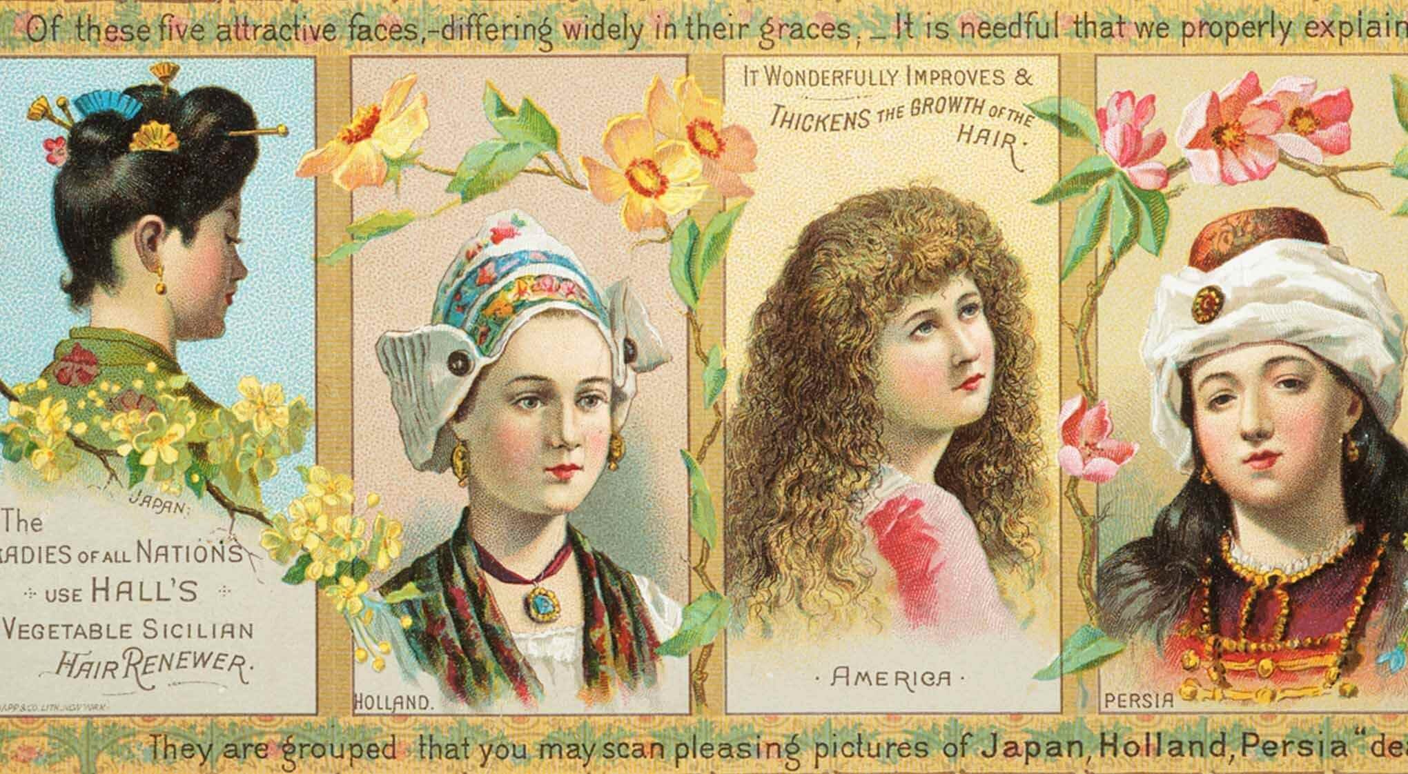 Four women in traditional European, American and Persian attires.