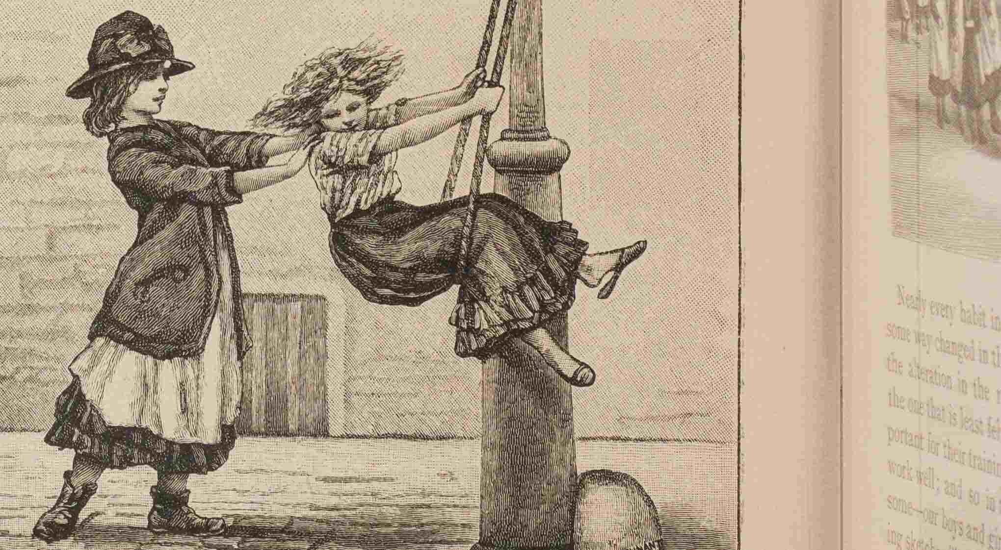 An illustration of two girls playing together; one pushes the other on a swing tied to a post.