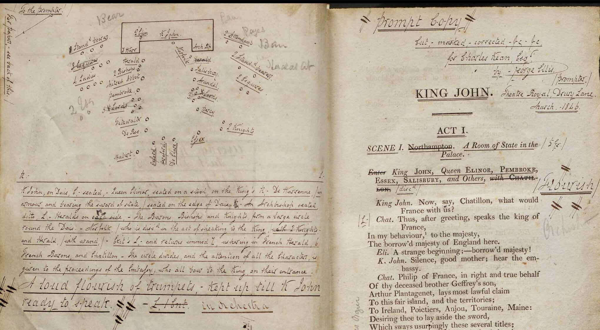 A prompt copy of Shakespeare's "King John" with handwritten notes and scene details.