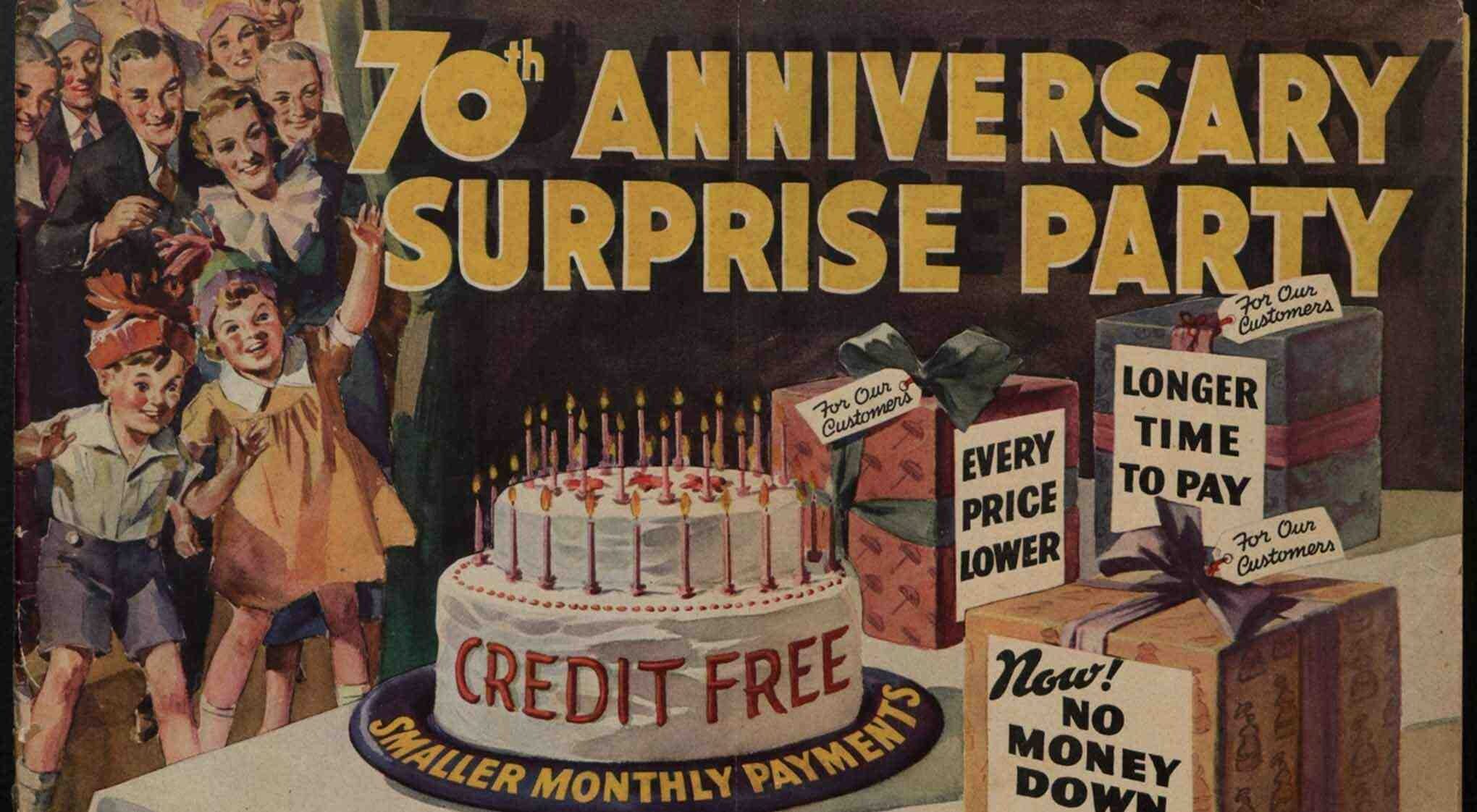 A festive advert for credit offers through a seventieth anniversary party with cake and gifts.