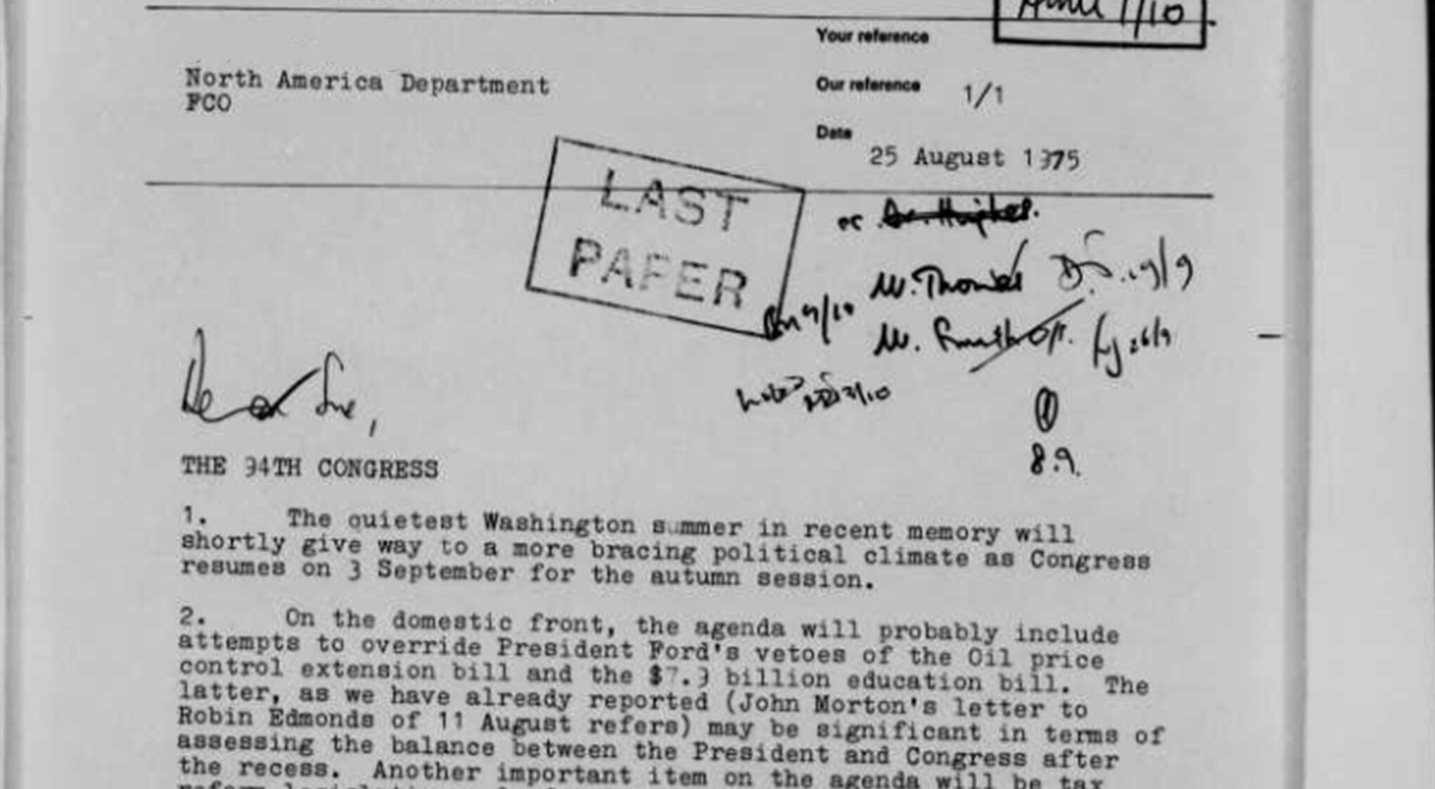 A typed letter addressed to Miss. S. Darling, detailing updates on U.S. Congress activities.
