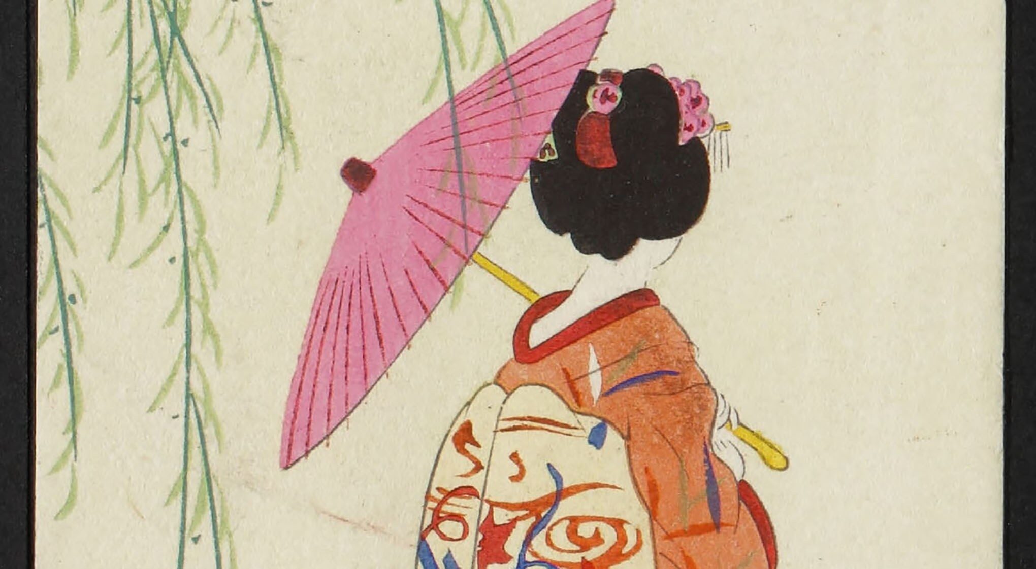 A sketch of a woman in a colourful kimono and pink parasol with draped branches from a willow tree.