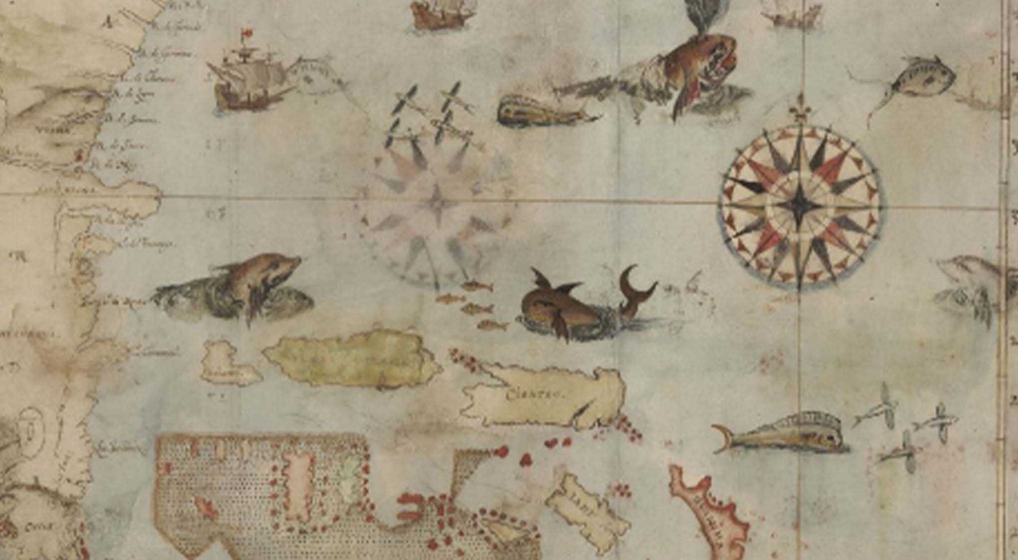 A historical and colourfully illustrated map featuring ships, sea creatures, and a compass rose.