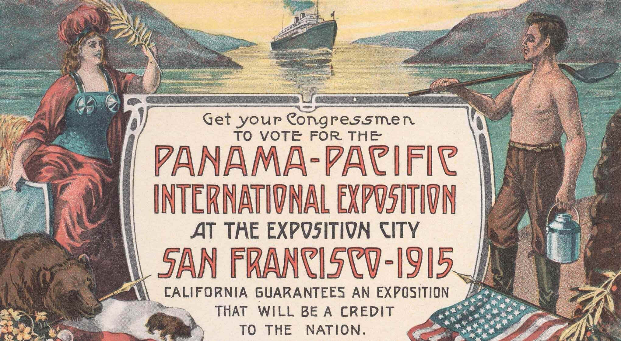 Vintage postcard promoting the Panama-Pacific International Exposition in San Francisco, 1915.