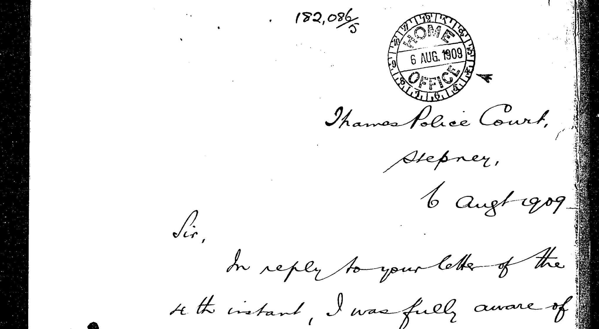 A handwritten letter dated August 6, 1909, discussing Home Office suggestions.