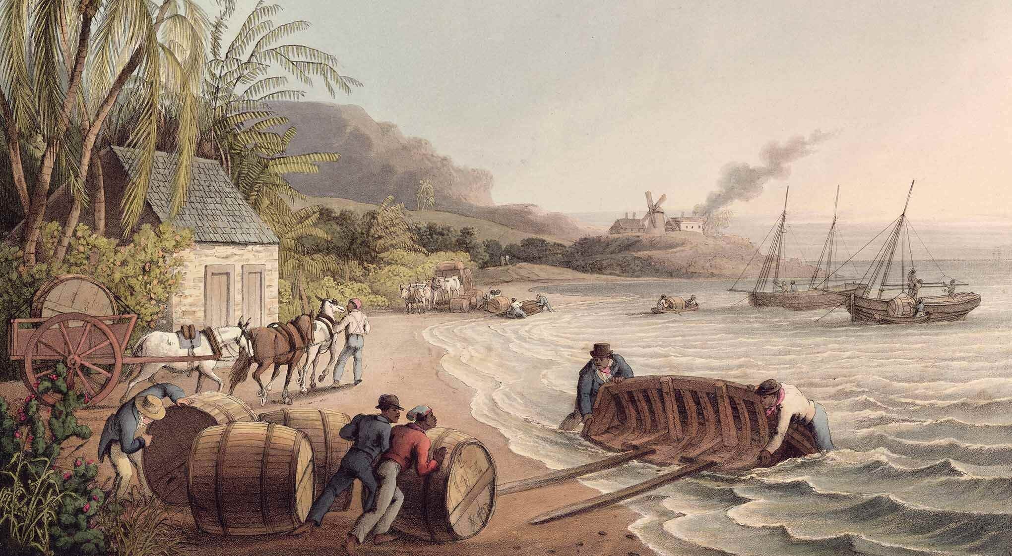 A beach scene with people rolling barrels onto a small boat and other boats arriving.