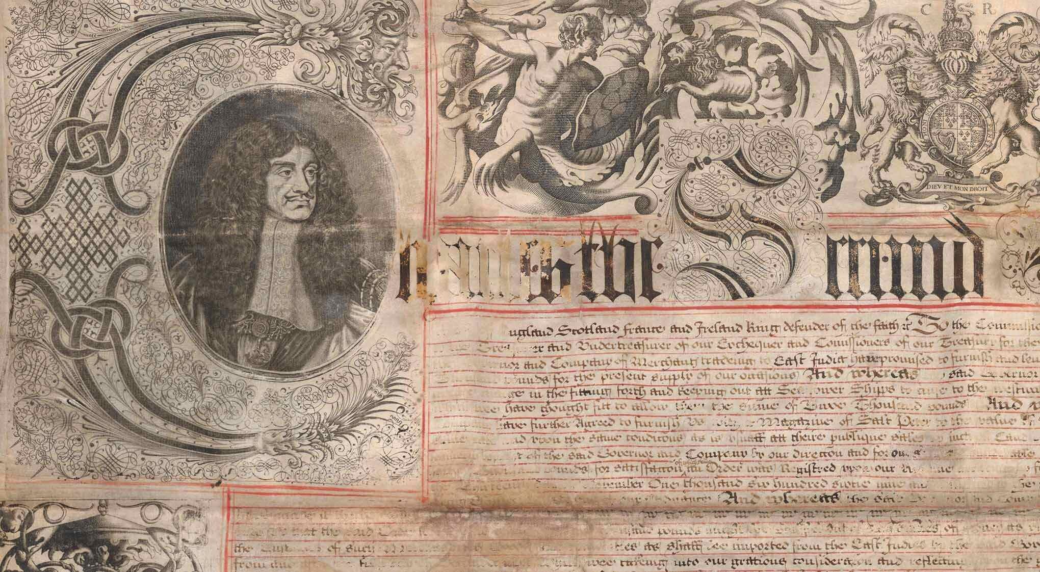 An ornate historical document with an illustrated portrait in the top left and body of text.